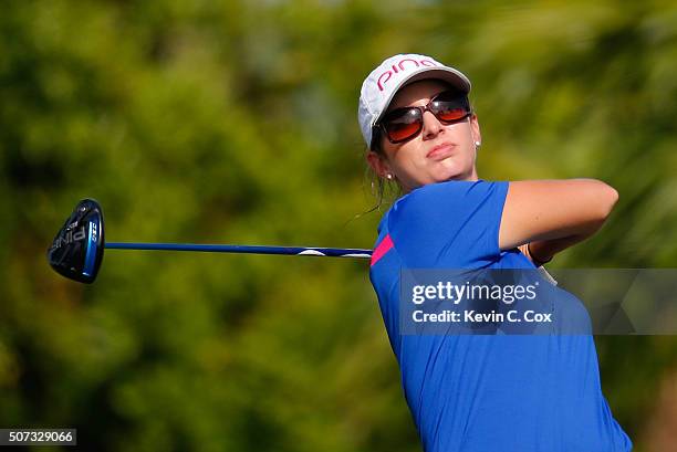 Ashlan Ramsey tees off the fourth hole during the first round of the Pure Silk Bahamas LPGA Classic at the Ocean Club Golf Course on January 28, 2016...