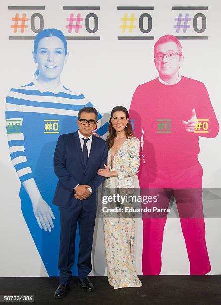 Andreu Buenafuente and Raquel Sanchez Silva attend Movistar+ New Channel party photocall at Telefonica Flagship on January 28, 2016 in Madrid, Spain.