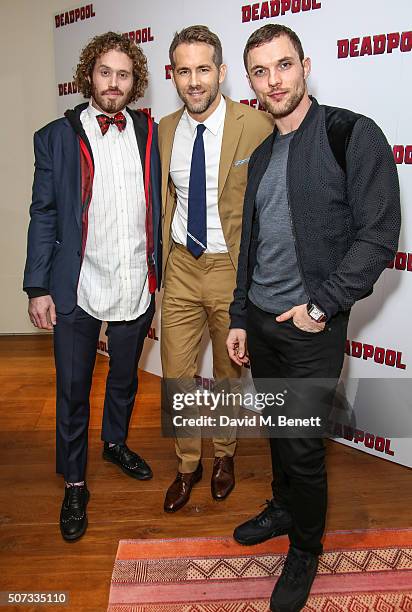 Miller, Ryan Reynolds and Ed Skrein attend a fan screening of "Deadpool" at The Soho Hotel on January 28, 2016 in London, England.