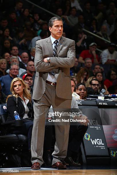 Randy Wittman of the Washington Wizards is seen during the game against the Denver Nuggets on January 28, 2016 at Verizon Center in Washington, DC....