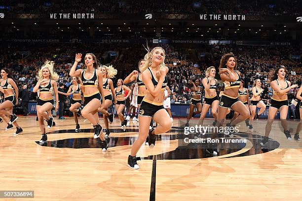 The Toronto Raptors dancers perform their routine before the game against the New York Knicks on January 28, 2016 at the Air Canada Centre in...