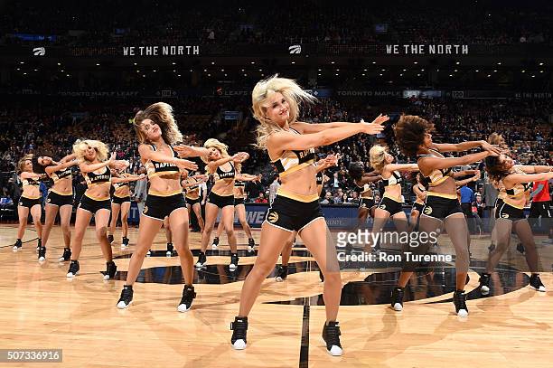 The Toronto Raptors dancers perform their routine before the game against the New York Knicks on January 28, 2016 at the Air Canada Centre in...