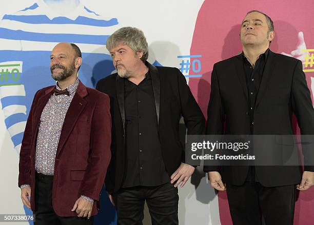 Javier Cansado, Javier Coronas and Sergio Fernandez attend the Movistar+ New Channel presentation at Telefonica Flagship Store on January 28, 2016 in...