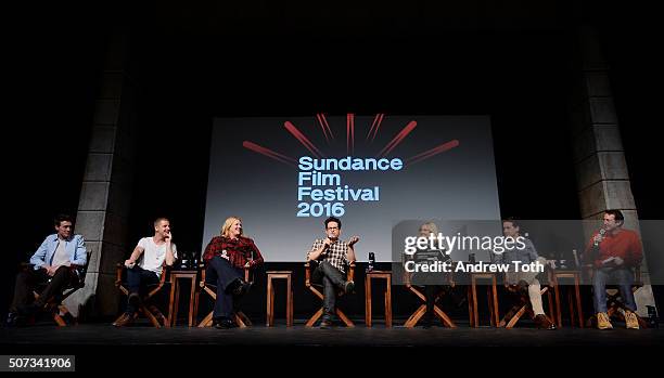 George MacKay, Daniel Webber, Bridget Carpenter, J.J. Abrams, Sarah Gadon, T.R. Knight and Trevor Groth attend the "11.22.63" Sundance premiere Q&A...