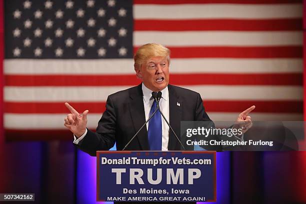 Republican presidential candidate Donald Trump speaks to veterans at Drake University on January 28, 2016 in Des Moines, Iowa. Donald Trump held his...