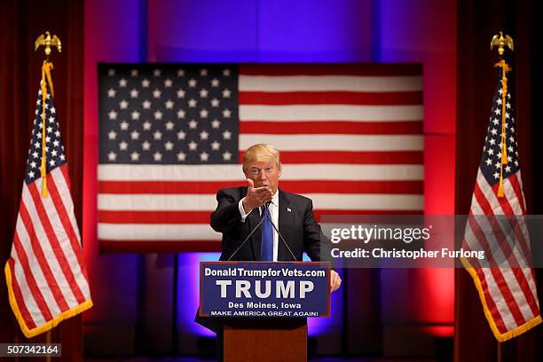 Republican presidential candidate Donald Trump speaks to veterans at Drake University on January 28, 2016 in Des Moines, Iowa. Donald Trump held his...