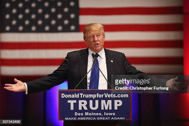 Republican presidential candidate Donald Trump gestures as he speaks to veterans at Drake University on January 28, 2016 in Des Moines, Iowa. Donald...