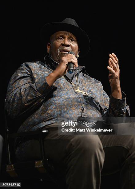 Musician Taj Mahal speaks onstage at the "American Epic" Premiere during the 2016 Sundance Film Festival at Eccles Center Theatre on January 28, 2016...