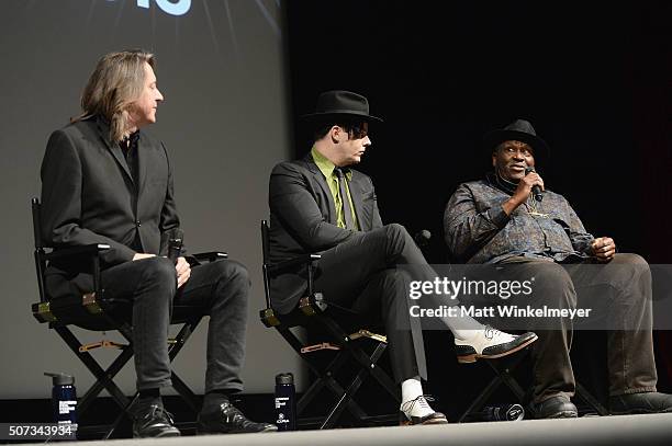 Filmmaker Bernard MacMahon and musicians Jack White and Taj Mahal speak onstage at the "American Epic" Premiere during the 2016 Sundance Film...