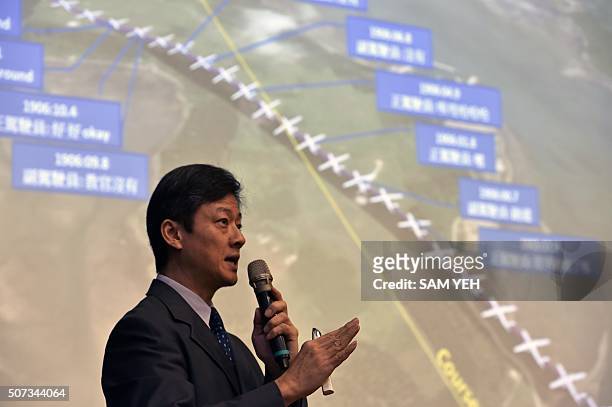 Thomas Wang, director of Taiwan's Aviation Safety Council, speaks during a press conference of the final report of the Transasia Flight GE222 that...