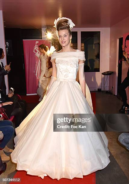 Model walks the Runway during the Jean Doucet 'Bonheur Pour Tous' Gay and Lesbian Wedding dresses show as part of Paris Fashion Week on January 28,...