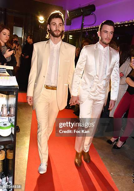 Couple' of models walk the Runway during the Jean Doucet 'Bonheur Pour Tous' Gay and Lesbian Wedding dresses show as part of Paris Fashion Week on...