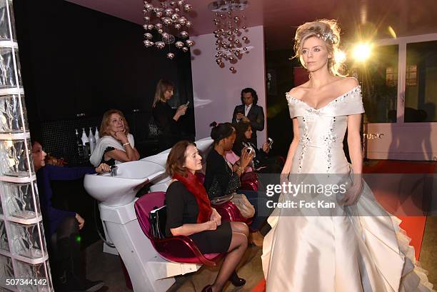 Model walks the Runway during the Jean Doucet 'Bonheur Pour Tous' Gay and Lesbian Wedding dresses show as part of Paris Fashion Week on January 28,...