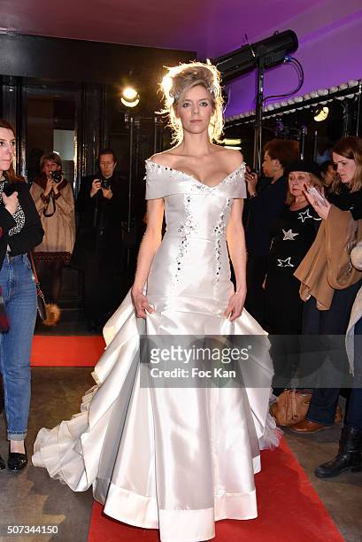 Model walks the Runway during the Jean Doucet 'Bonheur Pour Tous' Gay and Lesbian Wedding dresses show as part of Paris Fashion Week on January 28,...