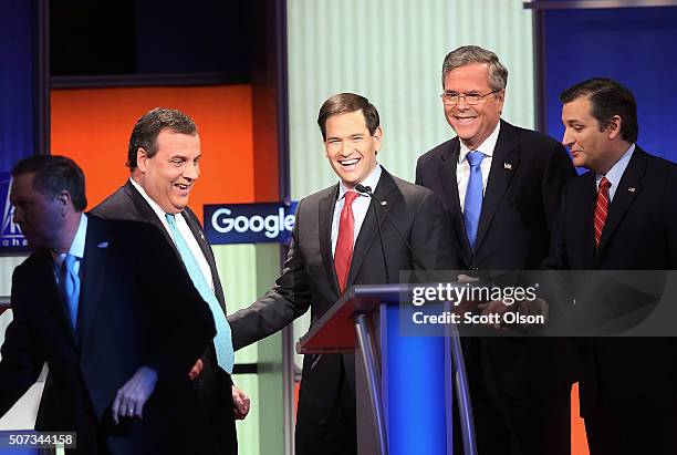 Republican presidential candidates New Jersey Governor Chris Christie, Sen. Marco Rubio , Jeb Bush and Sen. Ted Cruz after the Fox News - Google GOP...