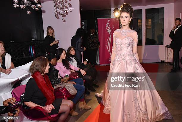 Model walks the Runway during the Jean Doucet 'Bonheur Pour Tous' Gay and Lesbian Wedding dresses show as part of Paris Fashion Week on January 28,...