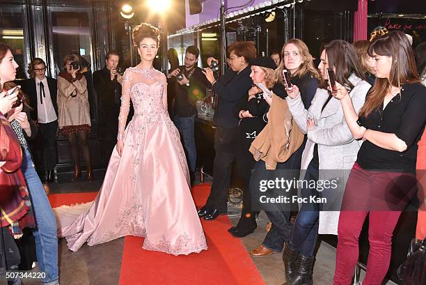 Model walks the Runway during the Jean Doucet 'Bonheur Pour Tous' Gay and Lesbian Wedding dresses show as part of Paris Fashion Week on January 28,...