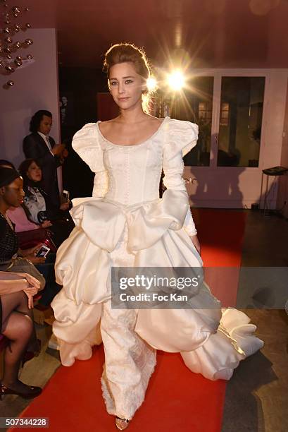 Model walks the Runway during the Jean Doucet 'Bonheur Pour Tous' Gay and Lesbian Wedding dresses show as part of Paris Fashion Week on January 28,...