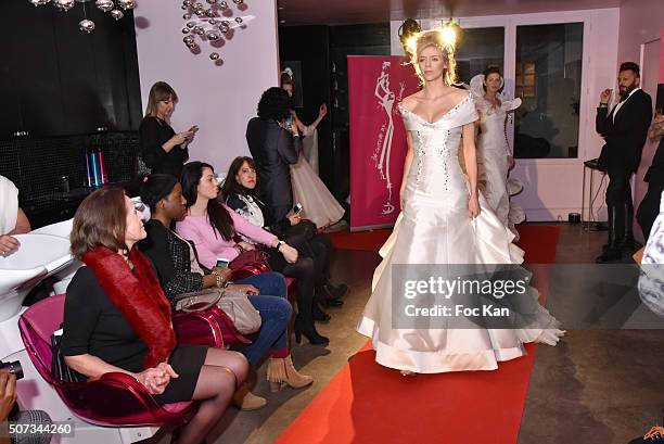 Model walks the Runway during the Jean Doucet 'Bonheur Pour Tous' Gay and Lesbian Wedding dresses show as part of Paris Fashion Week on January 28,...