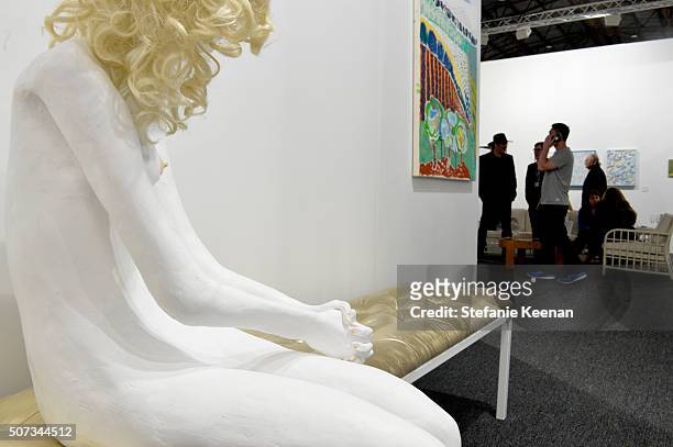 Art pieces are seen during the Art Los Angeles Contemporary 2016 Opening Night at Barker Hangar on January 28, 2016 in Santa Monica, California.
