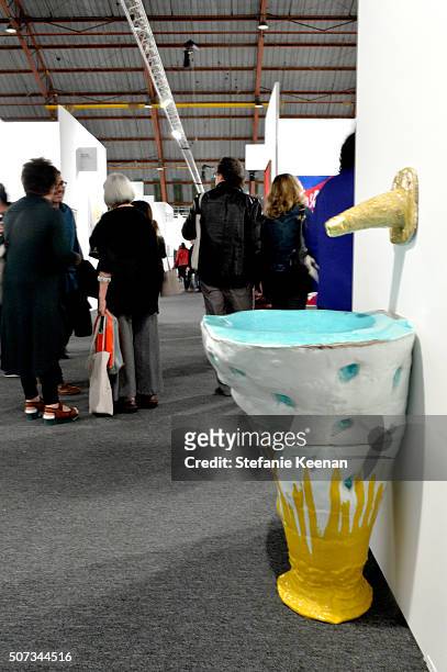 Art pieces are seen during the Art Los Angeles Contemporary 2016 Opening Night at Barker Hangar on January 28, 2016 in Santa Monica, California.