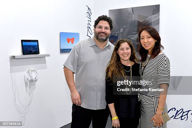 Peter Hort, Andrea Feldman and Esther Kim Varet attend the Art Los Angeles Contemporary 2016 Opening Night at Barker Hangar on January 28, 2016 in...