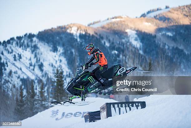 Tucker Hibbert races during the snowmobile snocross final at the Winter X Games 2016 Aspen at Buttermilk Mountain on January 28 in Aspen, Colorado....