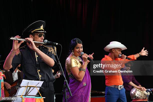 The Bombay Royale perform on the Heineken Live Stage during day twelve of the 2016 Australian Open at Melbourne Park on January 29, 2016 in...