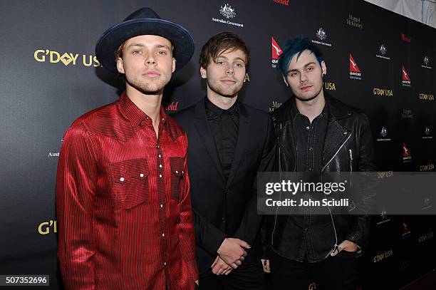 Ashton Irwin, Luke Hemmings and Michael Clifford of 5 Second Of Summer attend the G'Day USA 2016 Black Tie Gala at Vibiana on January 28, 2016 in Los...