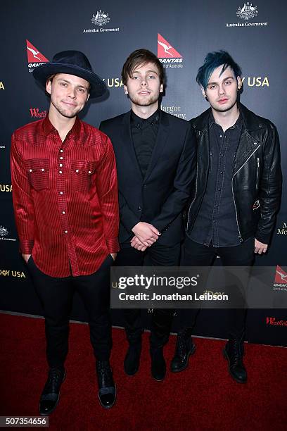 Ashton Irwin, Luke Hemmings and Michael Clifford of 5 seconds of summer attend the 2016 G'Day Los Angeles Gala at Vibiana on January 28, 2016 in Los...