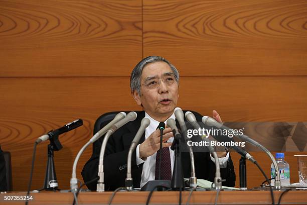 Haruhiko Kuroda, governor of the Bank of Japan , speaks during a news conference at the central bank's headquarters in Tokyo, Japan, on Friday, Jan....