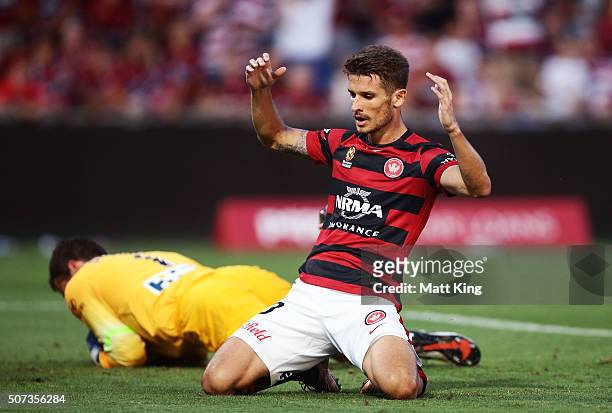 Dario Vidosic of the Wanderers reacts after a missed opportunity on goal during the round 17 A-League match between the Western Sydney Wanderers and...