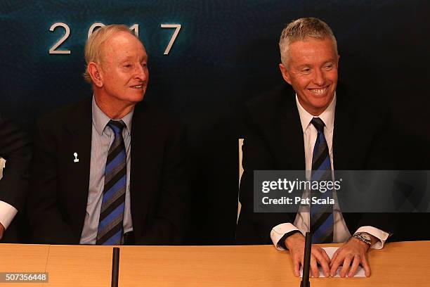 Australian tennis great Rod Laver and Chief Executive Officer, Tennis Australia Craig Tiley attend a press conference to annouce the Laver Cup during...