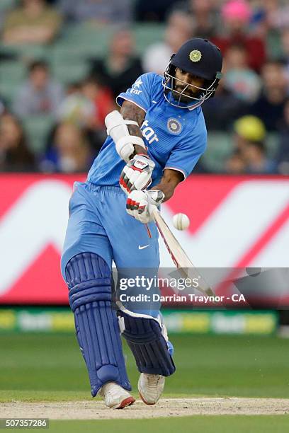 Shikhar Dhawan of India bats during the International Twenty20 match between Australia and India at Melbourne Cricket Ground on January 29, 2016 in...