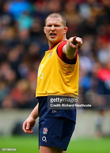 Dylan Hartley, captain of England shouts to one of his team-mates during an England Rugby open training session at Twickenham Stadium on January 29,...