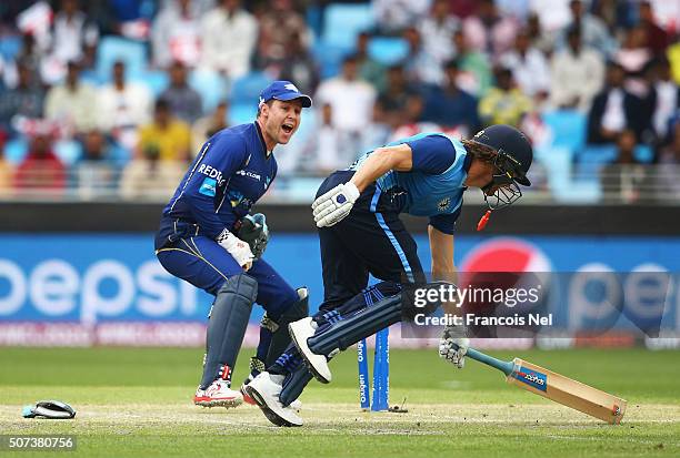 Hamish Marshall of Leo Lions is run out by wicketkeeper Geraint Jones of Capricorn Commanders during the Oxigen Masters Champions League 2016 match...