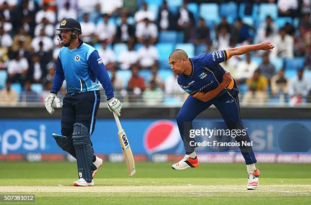 Rory Kleinveldt of Capricorn Commanders bowls during the Oxigen Masters Champions League 2016 match between Capricorn Commanders and Leo Lions at...