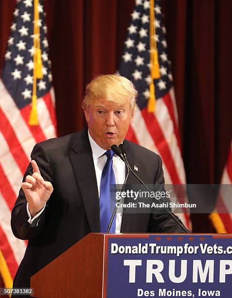 Republican presidential candidate Donald Trump smiles as he speaks to veterans at Drake University on January 28, 2016 in Des Moines, Iowa. Donald...