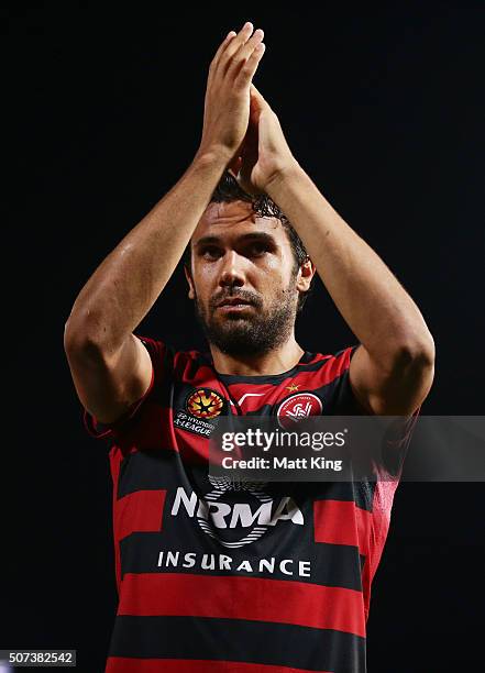 Nikolai Topor-Stanley of the Wanderers acknowledges fans after the round 17 A-League match between the Western Sydney Wanderers and Melbourne City FC...