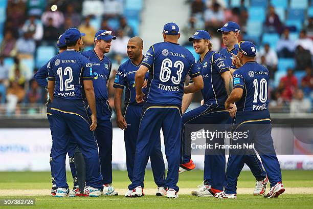 Jeetan Patel of Capricorn Commanders celebrates a wicket with team mates during the Oxigen Masters Champions League 2016 match between Capricorn...