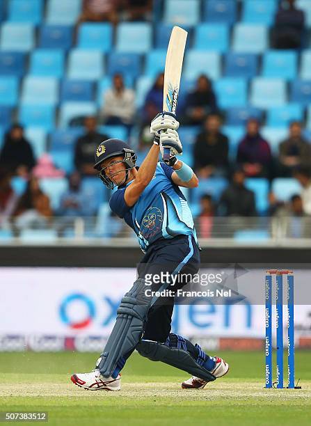 Johan Botha of Leo Lions hits out during the Oxigen Masters Champions League 2016 match between Capricorn Commanders and Leo Lions at Dubai...