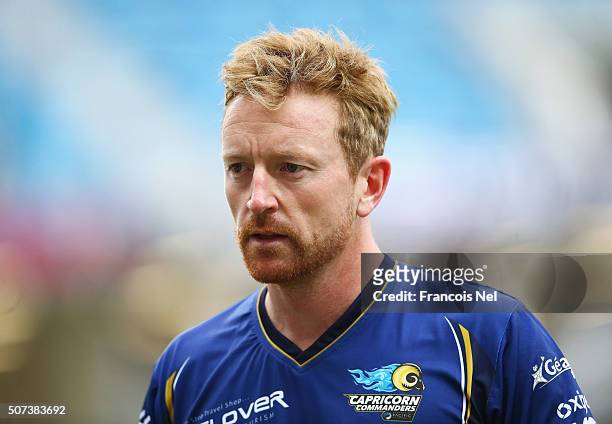 Paul Collingwood of Capricorn Commanders leaves the field after the first innings during the Oxigen Masters Champions League 2016 match between...