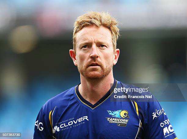 Paul Collingwood of Capricorn Commanders leaves the field after the first innings during the Oxigen Masters Champions League 2016 match between...