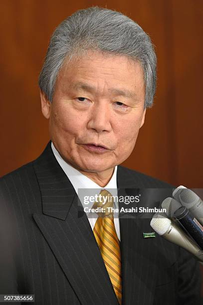 Keidanren President Sadayuki Sakakibara speaks after the negotiation of the Keidanren and Rengo at the Keidanren headquarters on January 29, 2016 in...