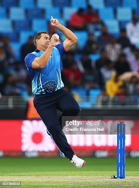 Heath Streak of Leo Lions bowls during the Oxigen Masters Champions League 2016 match between Capricorn Commanders and Leo Lions at Dubai...