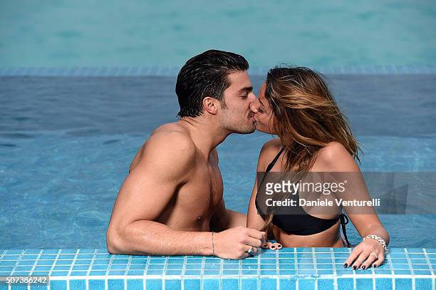 Mariano di Vaio and Eleonora Brunacci pose during the vacation at Hideaway Beach Resort & Spa on January 29, 2016 in Dhonakulhi, Maldives.