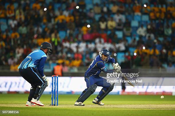Abdul Razzaq of Capricorn Commanders hits out during the Oxigen Masters Champions League 2016 match between Capricorn Commanders and Leo Lions at...