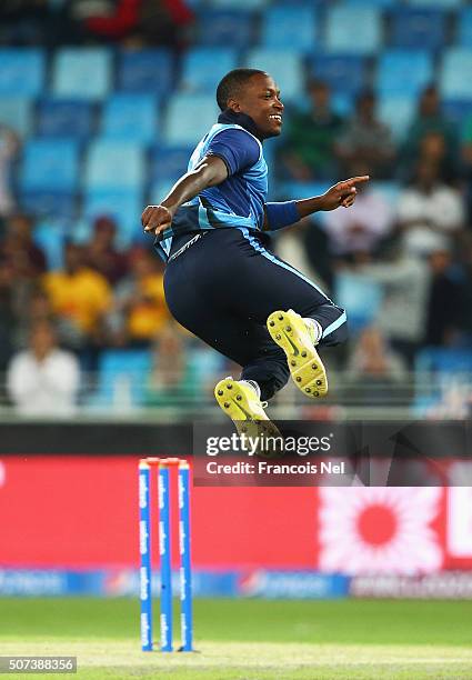 Fidel Edwards of Leo Lions celebrates taking the wicket of Rory Kleinveldt of Capricorn Commanders during the Oxigen Masters Champions League 2016...