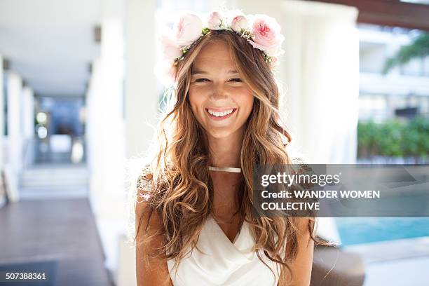 happy beautiful  bride laughing close up - haardracht stockfoto's en -beelden