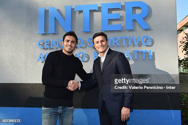 Internazionale Vice President Javier Zanetti and Citadin Martins Eder of FC Internazionale Milano prior to the FC Internazionale training session at...